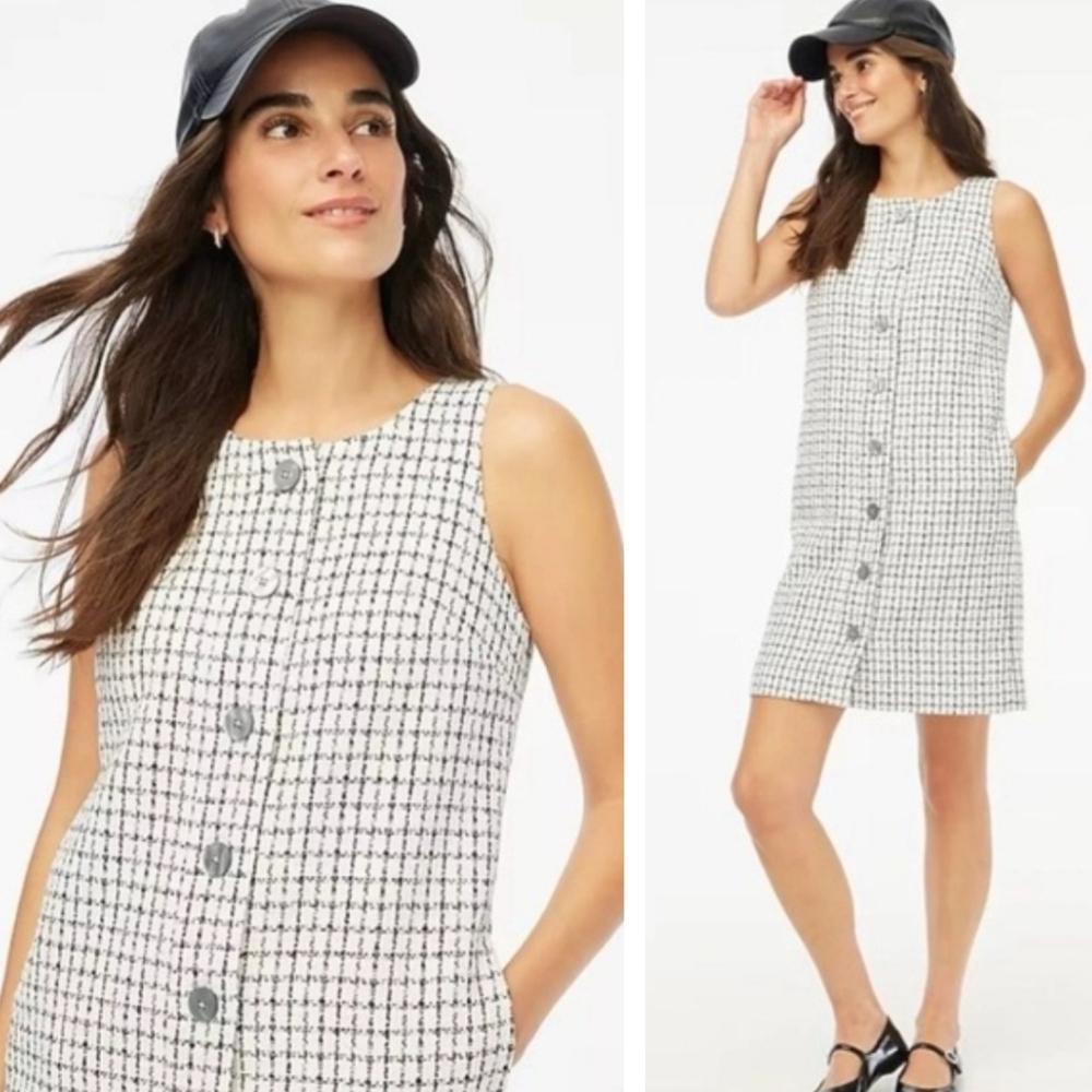 NEW J. Crew Sleeveless Tweed Button-Front Shift Dress Black & White Preppy Sz 2